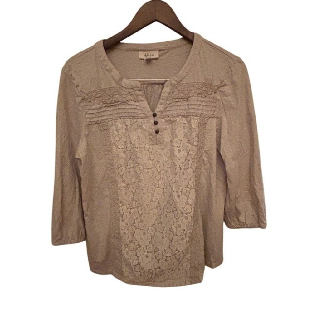 Style & Co Women's Tan Lace Henley Blouse 3/4 Sleeve Cotton Top Size Large